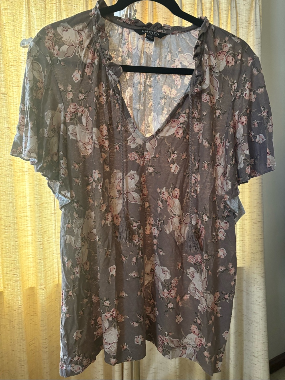 Lauren Ralph Lauren Taupe/Gray Floral Tassel V-Neck Blouse
